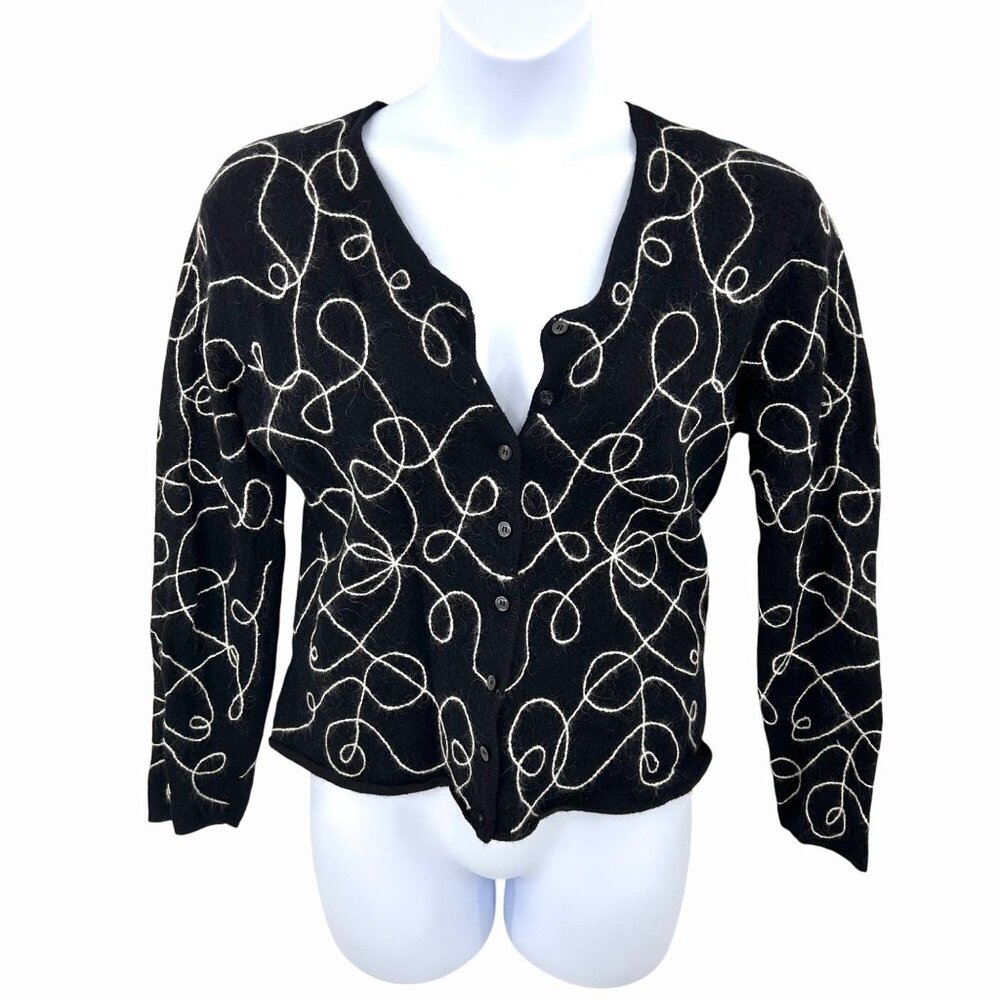 RENA ROWAN BLACK WOOL FUZZY WHITE SWIRL CARDIGAN SWEATER - L